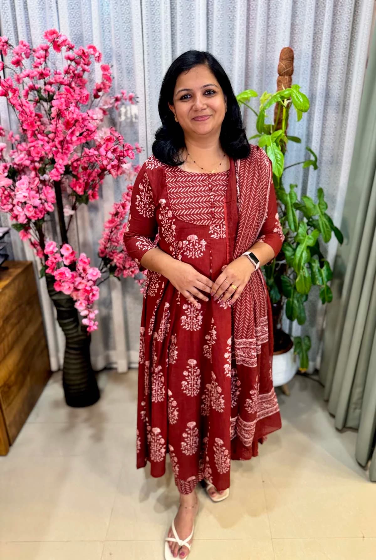 Anarkali 3 piece set in Cotton - Brick Maroon