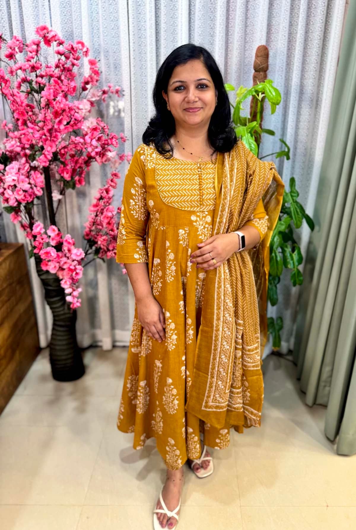Anarkali 3 piece set in Cotton - Dark Mustard Yellow