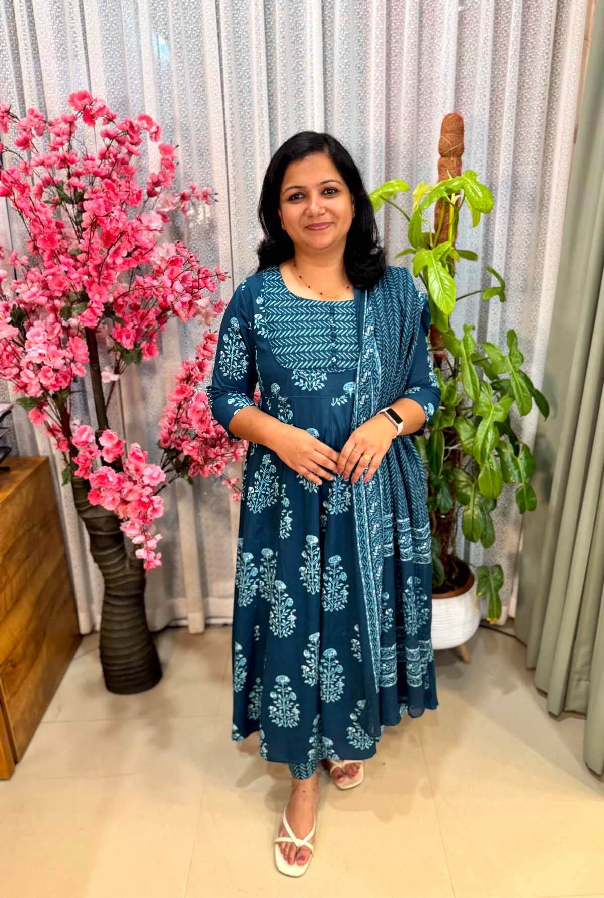 Anarkali 3 piece set in Cotton - Teal Blue