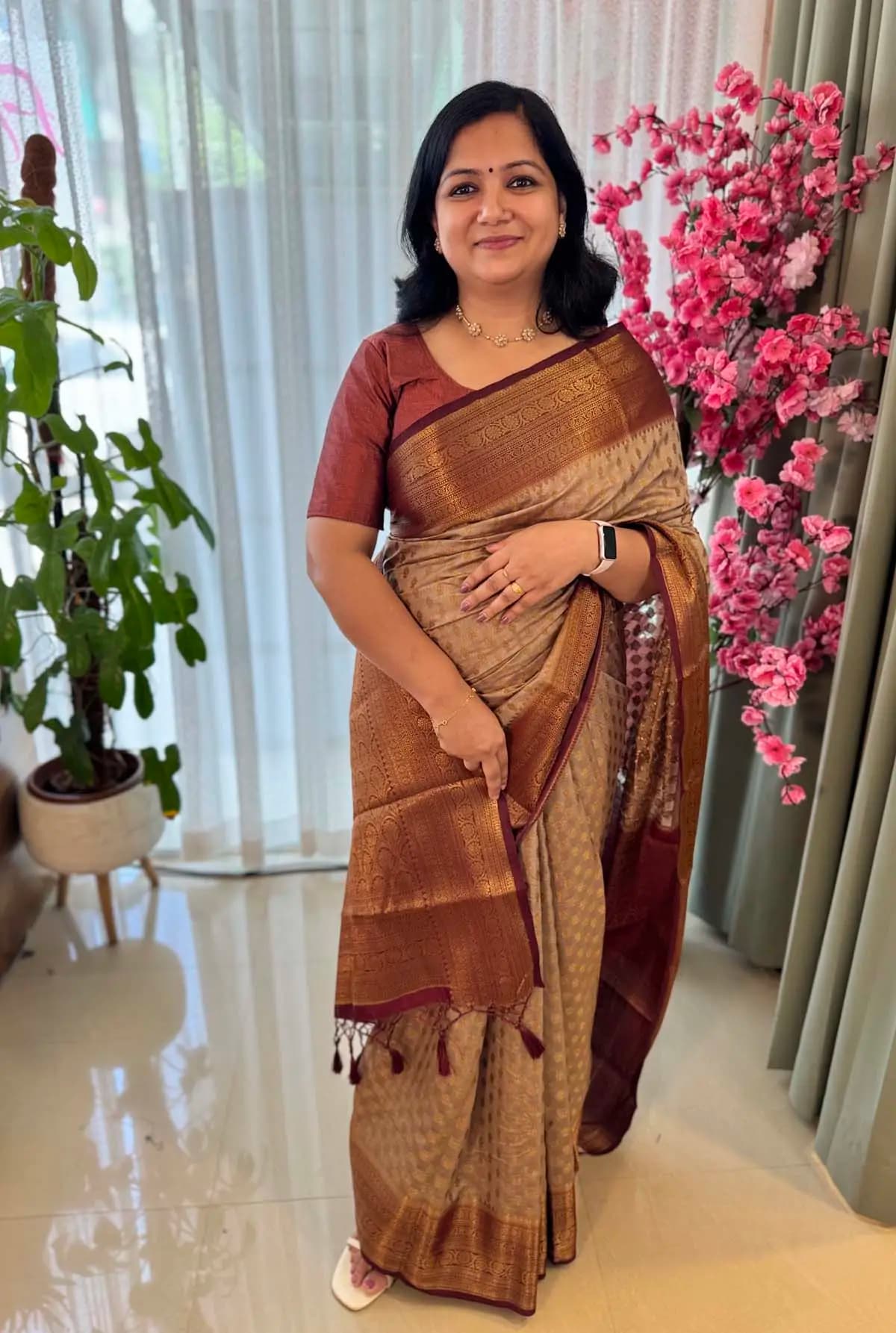 Party wear saree in Banarasi weaving -  Dark Chiku with Maroon mix coffee brown and Brick combo