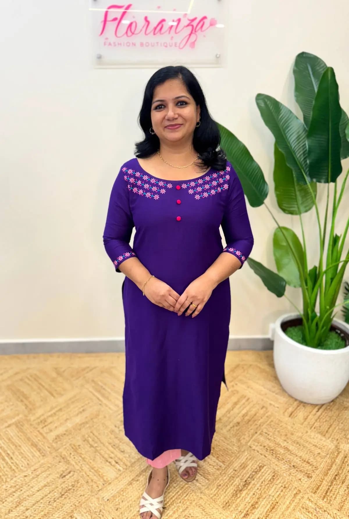 Kurti in Slub Silk – Purple n Violet mix with Pink Floral