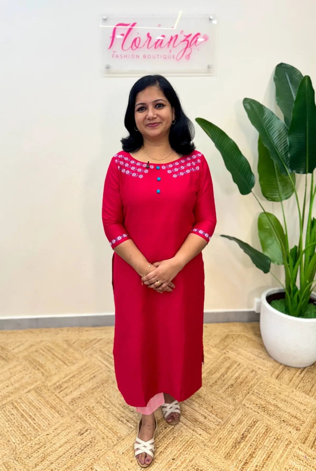 Kurti in Slub Silk – Rani Pink n Magenta mix with Pink Floral